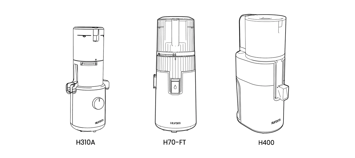 Größenvergleich der Hurom Slow Juicer H310A, H70FT und H400 nebeneinander